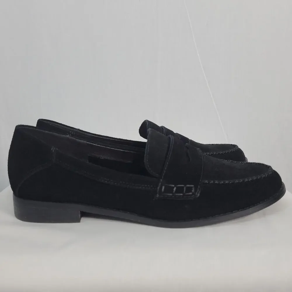 Lucky Brand Eryka Suede Penny Loafers sz 9.5M Black Preppy Poet Old Money
